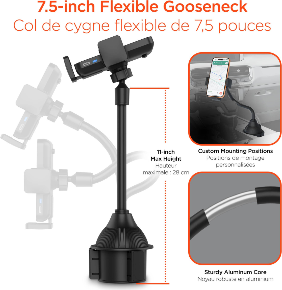 The HyperGear EZ Grip 15W Wireless Fast Charging Cup Holder Phone Mount securely holds and wirelessly fast charges compatible phones with adjustable cup holder mounting.