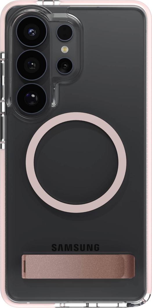 The ZAGG Santa Cruz Snap is a transparent case with pops of color that accent its design. It offers 13-foot drop protection, a sturdy kickstand that folds flush with the case.