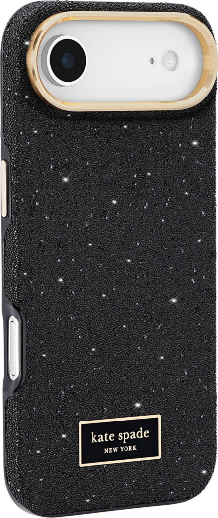 The kate spade new york Crystal Pavé Case is a stylish phone case featuring a black crystal pavé inlay with gold hardware, provides 12-foot drop protection and offers MagSafe compatibility.
