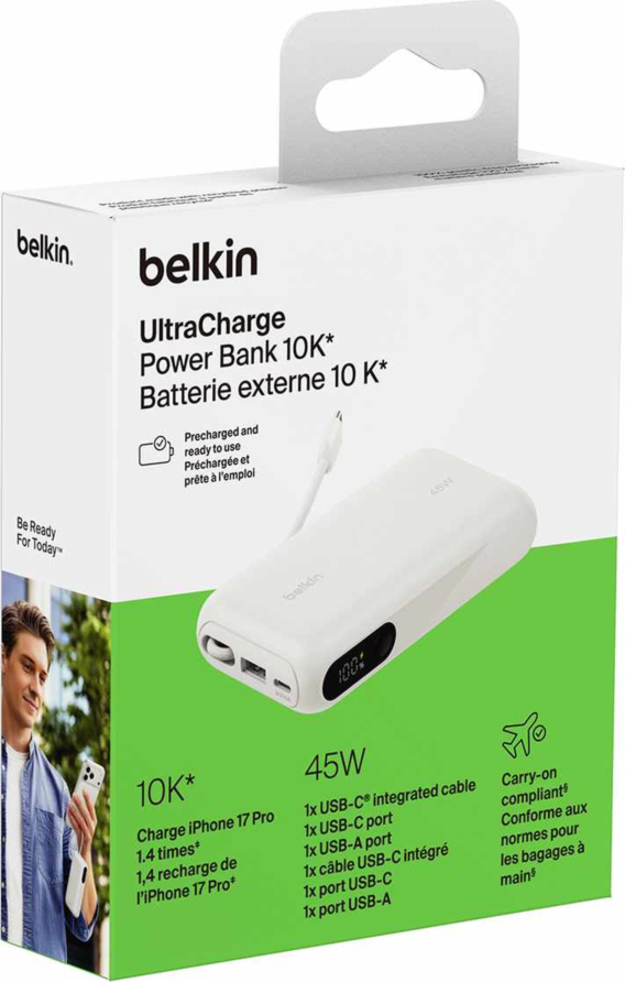 Belkin - Batterie externe Ultracharge 10 000 mAh 45 W avec écran et câble intégré, blanche