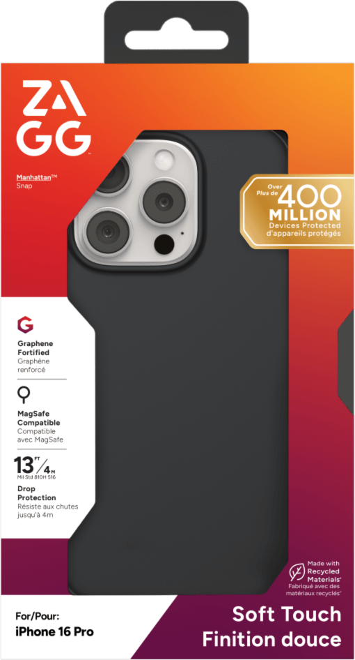Strengthened with Graphene, ZAGG's Manhattan Snap series case offers a soft-touch surface, 13 ft drop protection, and seamless MagSafe compatibility.