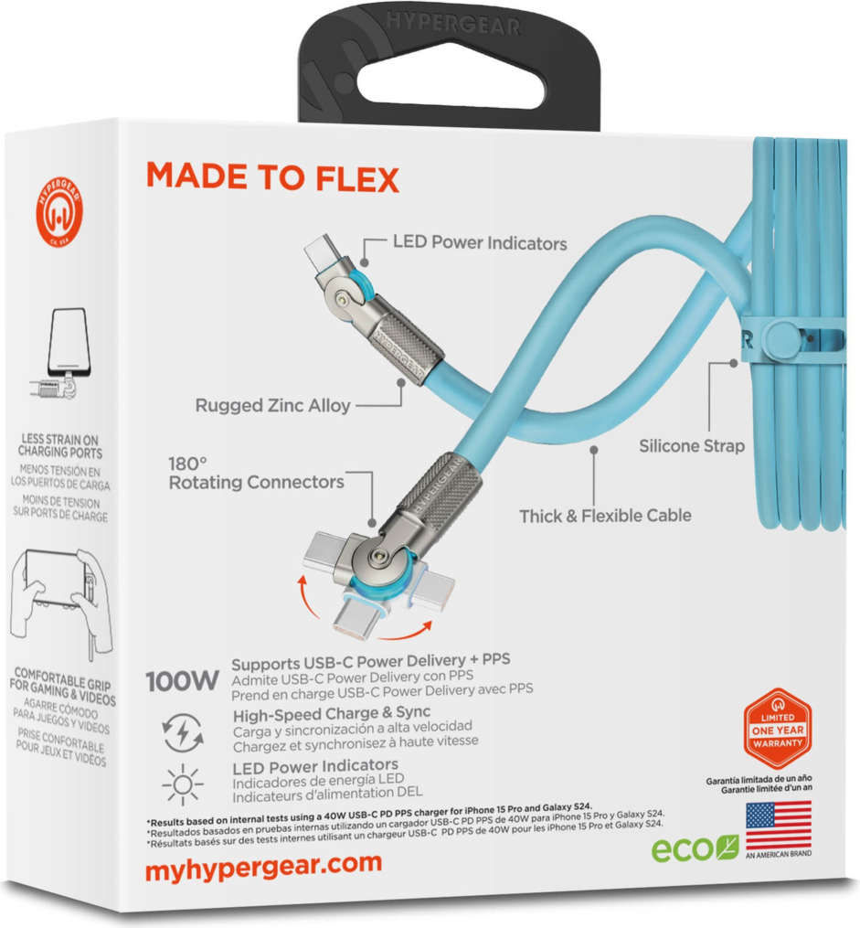 The HyperGear Chunky180° 12ft USB-C to USB-C cable is 20X stronger than standard cables, provides fast charging performance and features dual 180° rotating tips which reduce strain on ports.