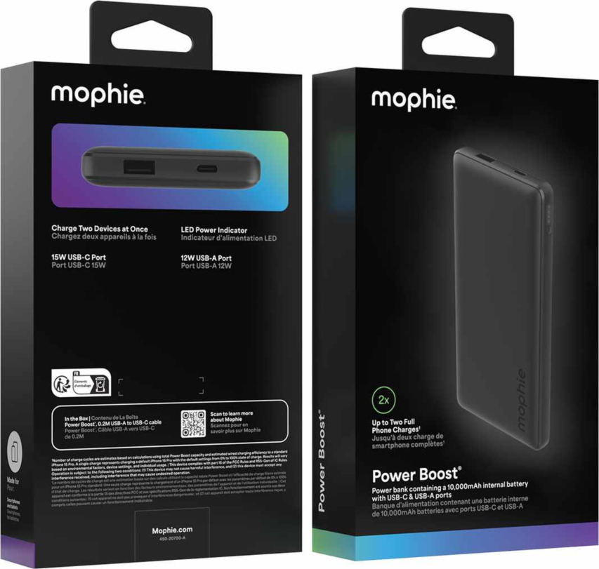 The Mophie 10,000 mAh Power Boost is a universal power bank for everyday portable power and has two USB charging ports to quickly charge multiple devices.