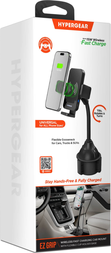 The HyperGear EZ Grip 15W Wireless Fast Charging Cup Holder Phone Mount securely holds and wirelessly fast charges compatible phones with adjustable cup holder mounting.