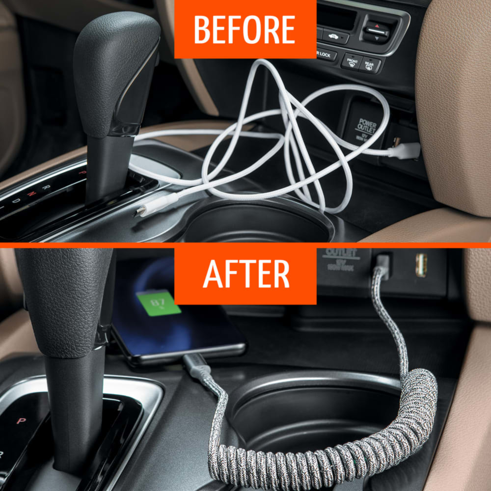 The chargesync helix cable is designed for convenience, with a tight braided coil that keeps the car tidy while still providing fast charging rates to keep your phone fueled on-the-go.