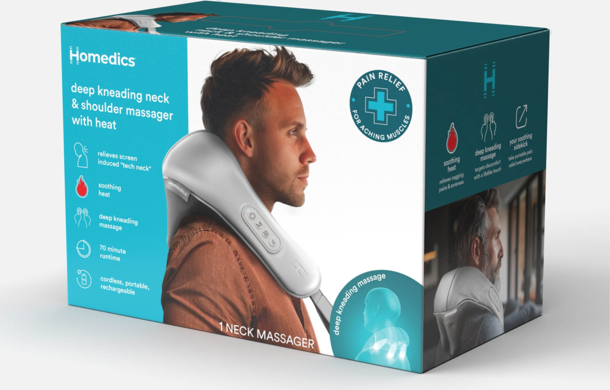 The HoMedics Deep Kneading Neck & Shoulder Massager with Heat delivers deep tissue relief, soothing warmth, and cordless comfort for relaxing neck and shoulder tension.