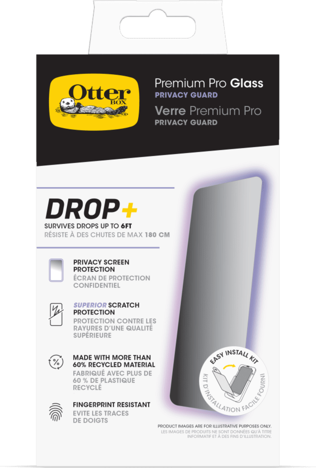 Made with high-strength glass, the Otterbox Premium Pro Glass Privacy Screen Protector protects displays and blocks unwanted viewing.