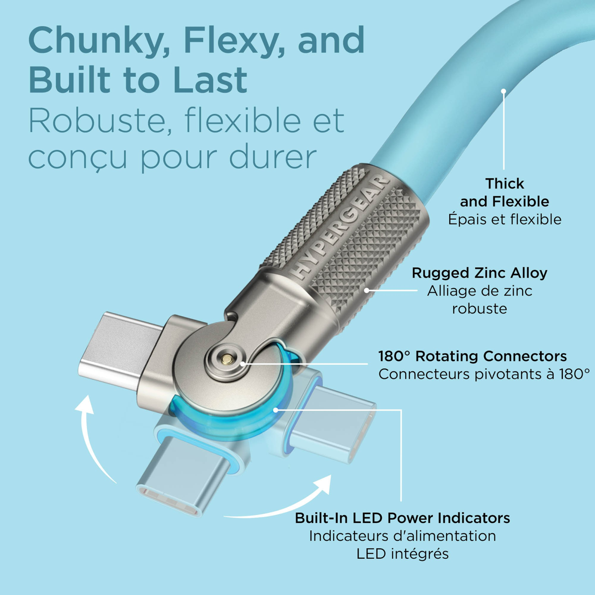The HyperGear Chunky180° 12ft USB-C to USB-C cable is 20X stronger than standard cables, provides fast charging performance and features dual 180° rotating tips which reduce strain on ports.