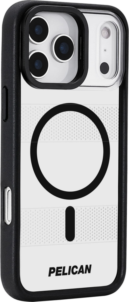 The Pelican Protector MagSafe Case with kickstand delivers military-spec 16-foot drop protection with an impact-resistant design, a shock-absorbing lining, and strong built-in magnets for seamless MagSafe charging.