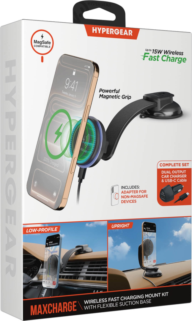 HyperGear MaxCharge Phone Mount combines MagSafe-compatible wireless fast charging with a secure magnetic car mount for convenient hands-free driving.