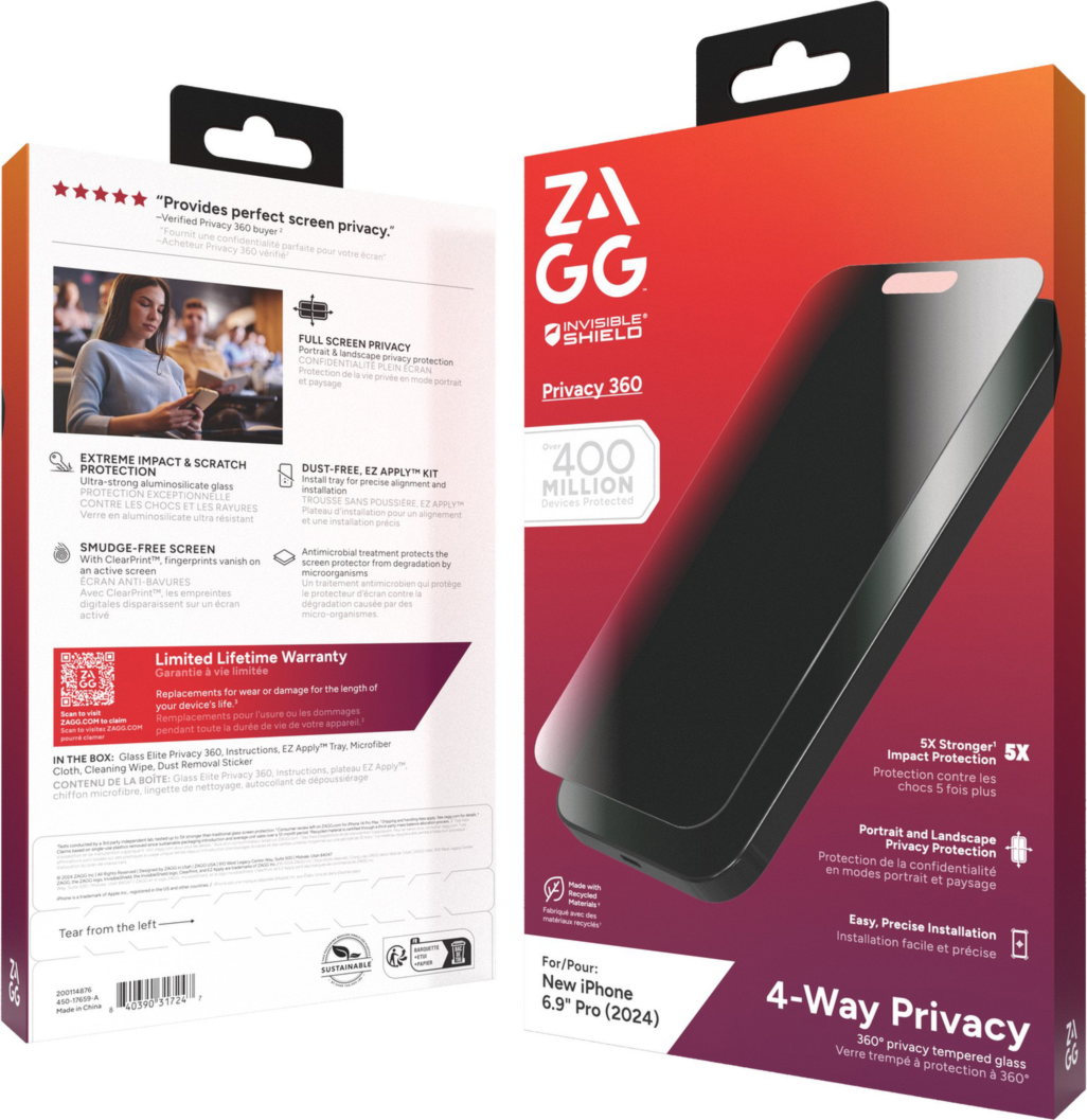 <p>The ZAGG InvisibleShield Glass Elite Privacy 360 Screen Protector has a four-way filter that protects your screen from prying eyes in portrait or landscape mode.</p>