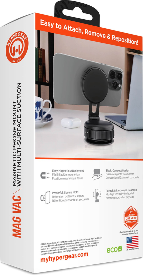 HyperGear Mag Vac Magnetic Phone Mount with Vacuum Suction Cup Base is a portable MagSafe-compatible mount with strong magnetic grip, adjustable viewing, and reusable vacuum suction for any smooth surface.