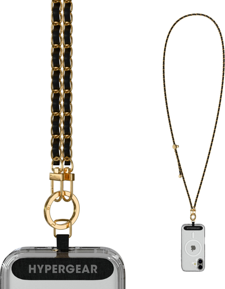 This HyperGear Universal Crossbody Phone Strap blends luxe vegan leather and a polished gold chain for a chic, hands-free carry. It offers a secure, undroppable, and adjustable fit for any phone.
