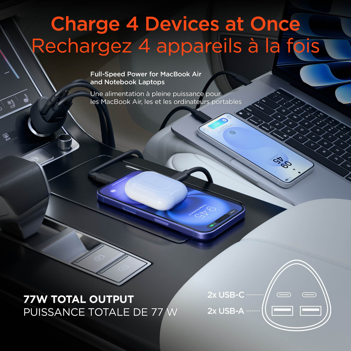 HyperGear SpeedBoost 77W Dual USB-C + Dual USB-A CLA Fast Charge Car Charger powers up to four devices simultaneously with 77W high-speed charging performance.
