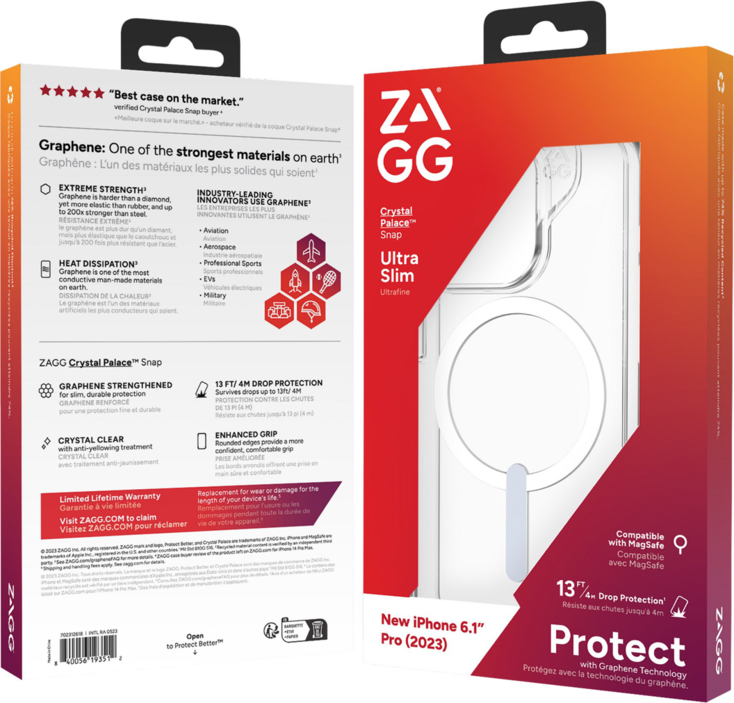 Strengthened with Graphene, ZAGG's Crystal Palace Snap series case combines an ultra-slim, crystal-clear profile with up to 13 ft drop protection and seamless MagSafe compatibility.