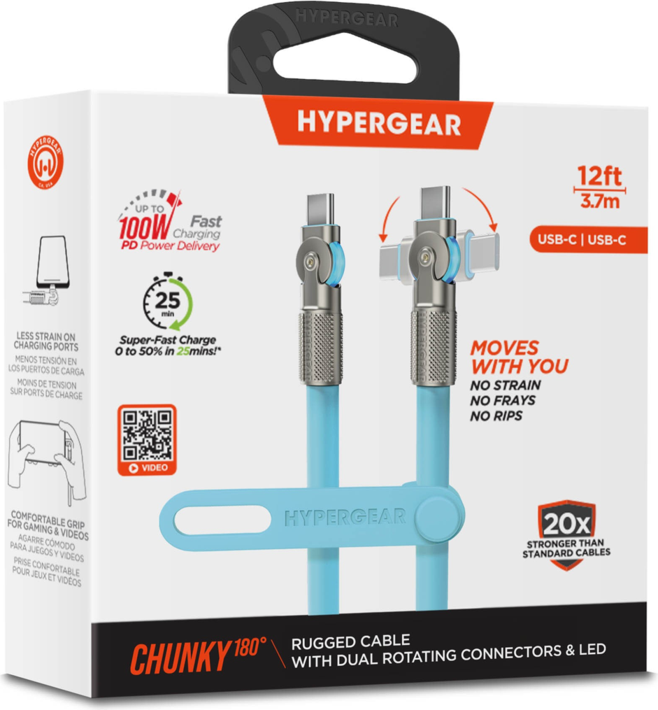 The HyperGear Chunky180° 12ft USB-C to USB-C cable is 20X stronger than standard cables, provides fast charging performance and features dual 180° rotating tips which reduce strain on ports.