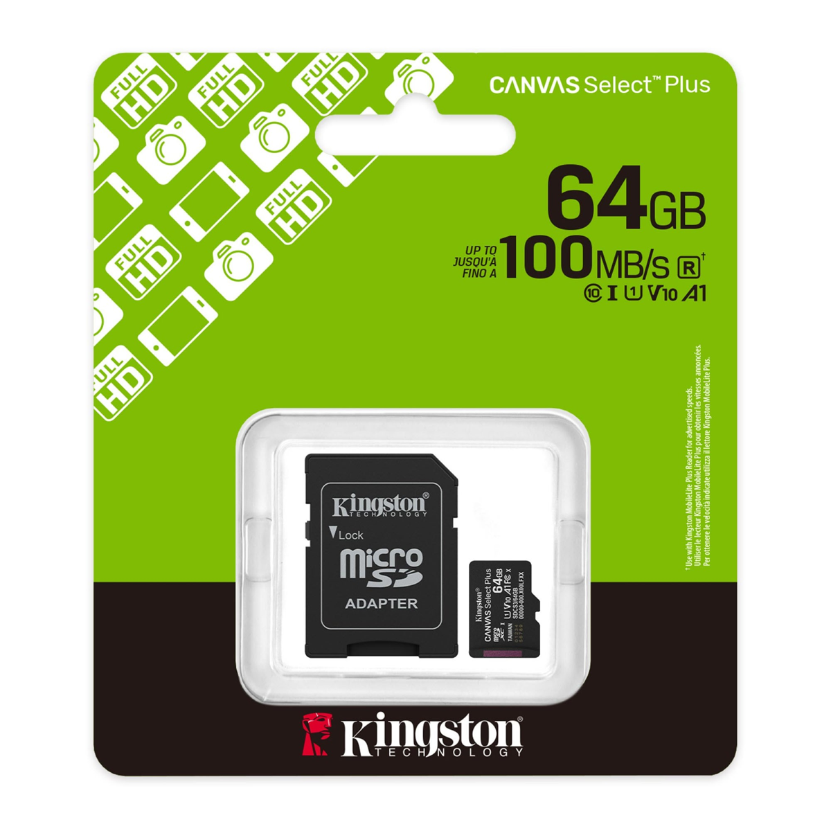 Kingston’s Canvas Select Plus 64GB microSD card offers reliable performance, compatible with Android devices and cameras, with speeds up to 100MB/s1 and A1 app performance.
