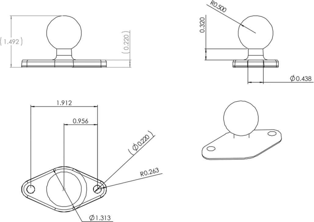 The RAM Mount B-size 1” diameter ball works universally with all RAM B-size receivers as the principal point of contact for mounting devices securely to flat surface using the AMPS hole pattern.