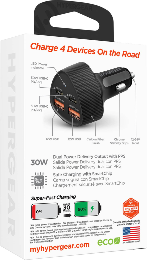 HyperGear SpeedBoost 77W Dual USB-C + Dual USB-A CLA Fast Charge Car Charger powers up to four devices simultaneously with 77W high-speed charging performance.