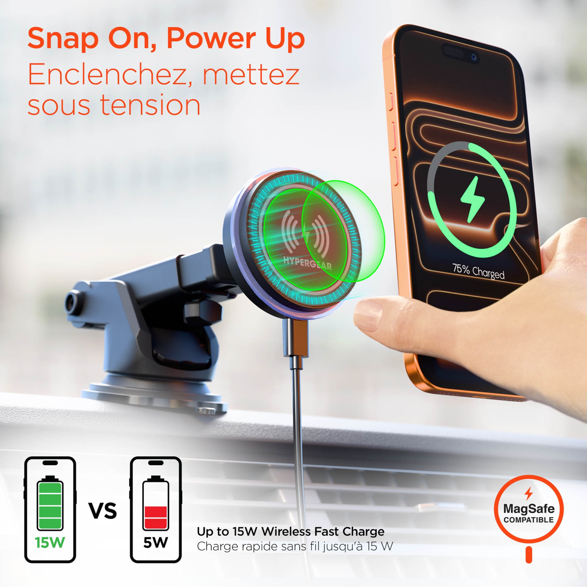 HyperGear MaxCharge Wireless Charging Vehicle Mount Kit is compatible with MagSafe and keeps devices secure while delivering fast wireless charging with magnetic one-hand mounting convenience.