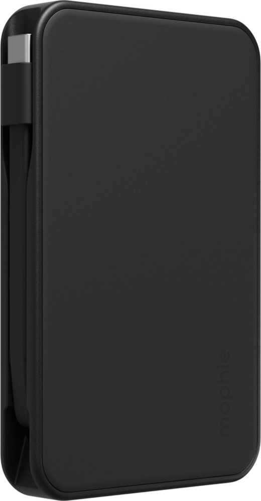 The Mophie 5,000 mAh Powerstation Plus Mini delivers up to 15W fast charging with an integrated USB-C cable, dual-device charging, and a compact travel-ready design.