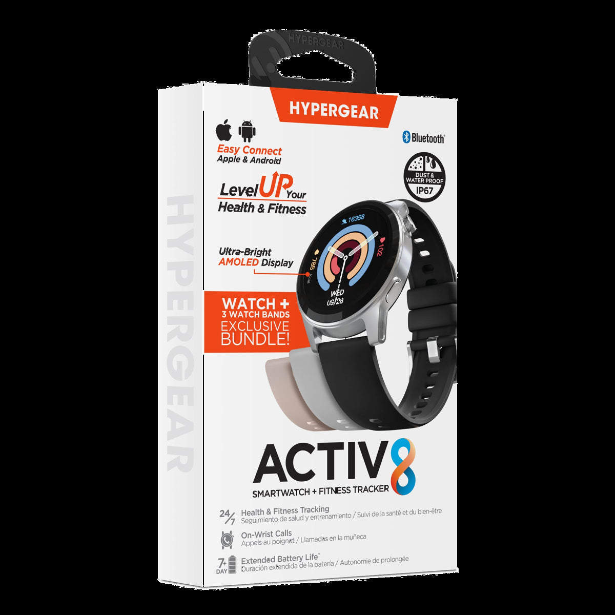 <p>The HyperGear Activ8 Smartwatch + Fitness Tracker monitors workouts, heart rate, blood pressure, blood oxygen (SpO2), sleep, and more. Includes three silicone watch bands.</p>