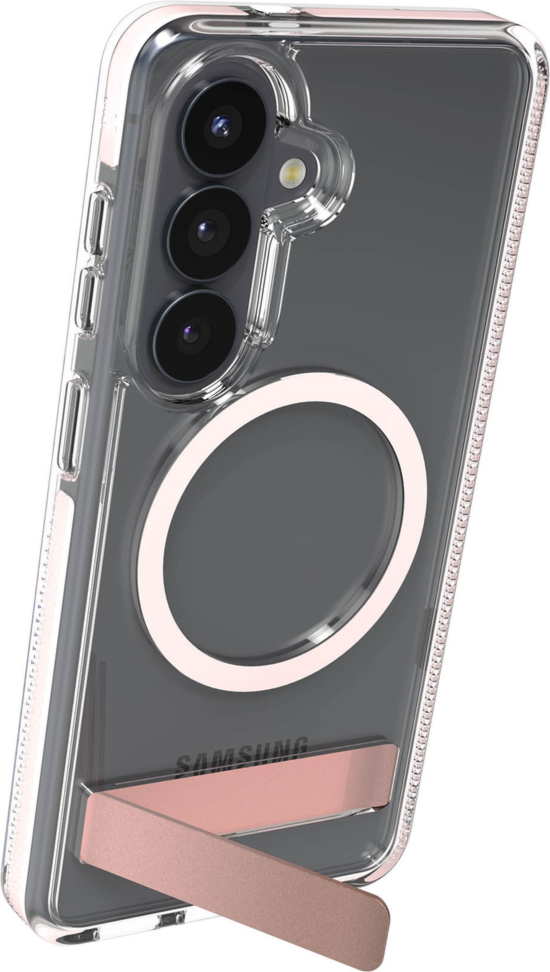 The ZAGG Santa Cruz Snap is a transparent case with pops of color that accent its design. It offers 13-foot drop protection, a sturdy kickstand that folds flush with the case.