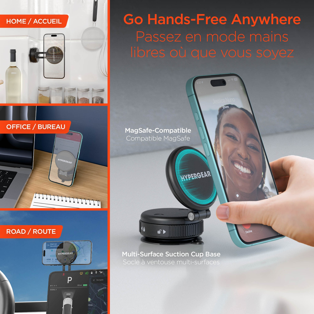 HyperGear Mag Vac Magnetic Phone Mount with Vacuum Suction Cup Base is a portable MagSafe-compatible mount with strong magnetic grip, adjustable viewing, and reusable vacuum suction for any smooth surface.