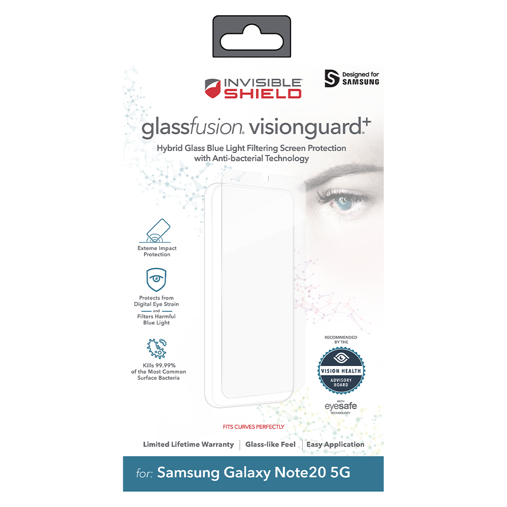 The InvisibleShield GlassFusion VisionGuard+ has an Anti-Microbial treatment that prevents the growth of bacteria and uses a flexible quality of hybrid glass, which absorbs and disperses impact and protects from harmful light, with a smooth finish.