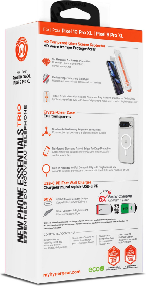 The HyperGear Accessory Bundle provides all the essentials to get started with a new phone: a clear MagSafe case, a screen protector, and a fast-charging 30W power adapter.
