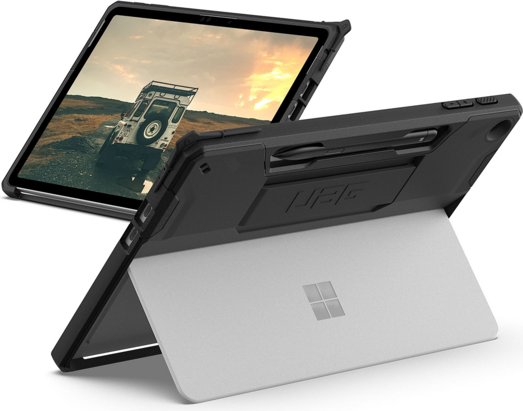 The UAG Scout Series provides rugged protection with an armor shell and integrated hand strap, while maintaining kickstand and keyboard compatibility.