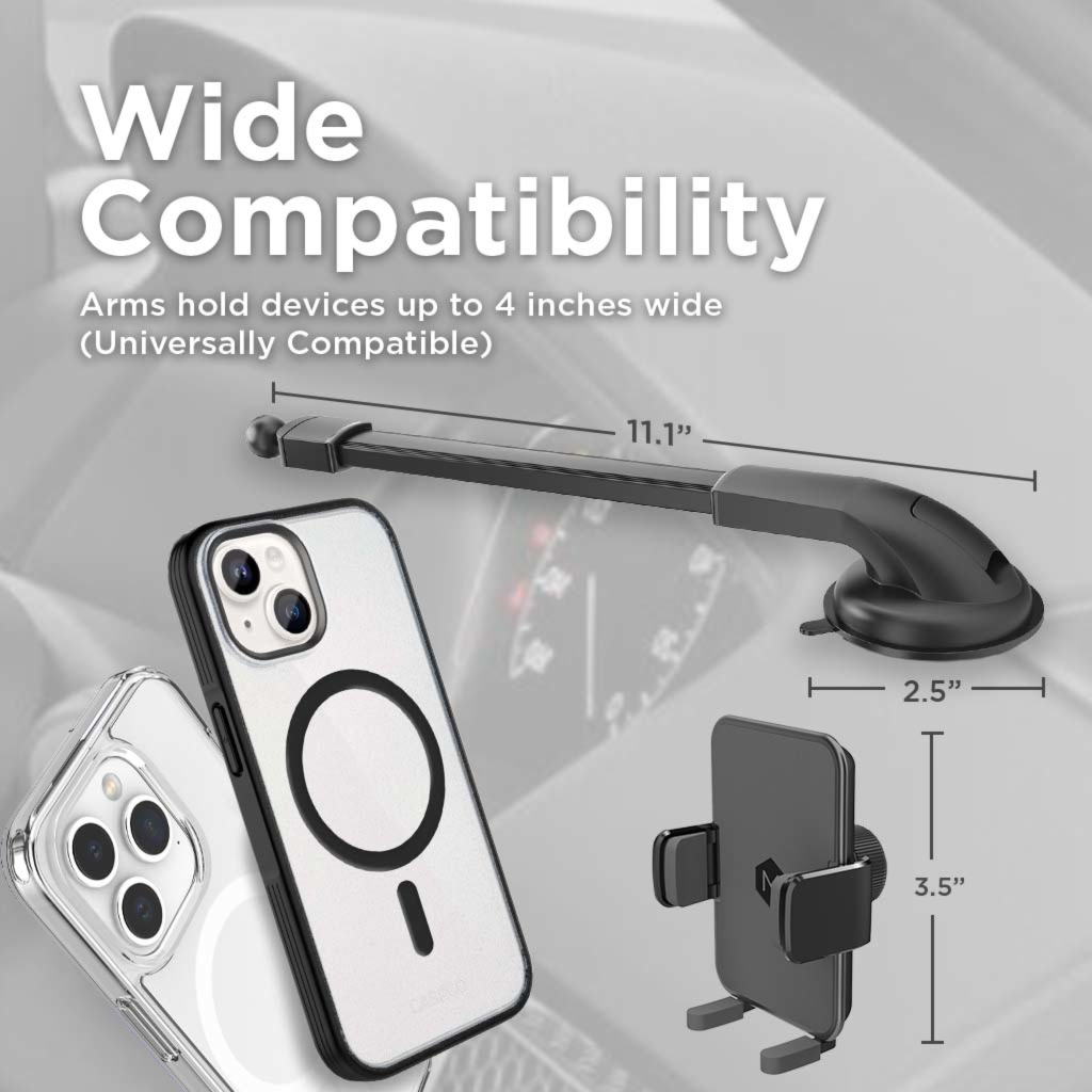 MagSafe magnetic dash mount  offers hands-free rapid charging Adaptable mounting: Fits various dashboards and offers multiple viewing angles
N52 Neodymium Magnets: Tackles rough terrains, keeping your phone securely attached
 360° Viewing angle with tilt and rotation ability 
Compatible with iPhone 12, 13 14 and 15 series
Designed, Assembled, and Packaged in Canada