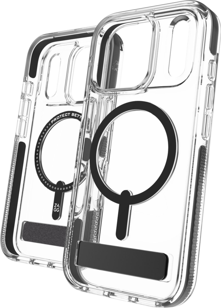 The ZAGG Santa Cruz Snap is a transparent case with pops of color that accent its design. It offers 13-foot drop protection, a sturdy kickstand that folds flush with the case, and is MagSafe compatible.