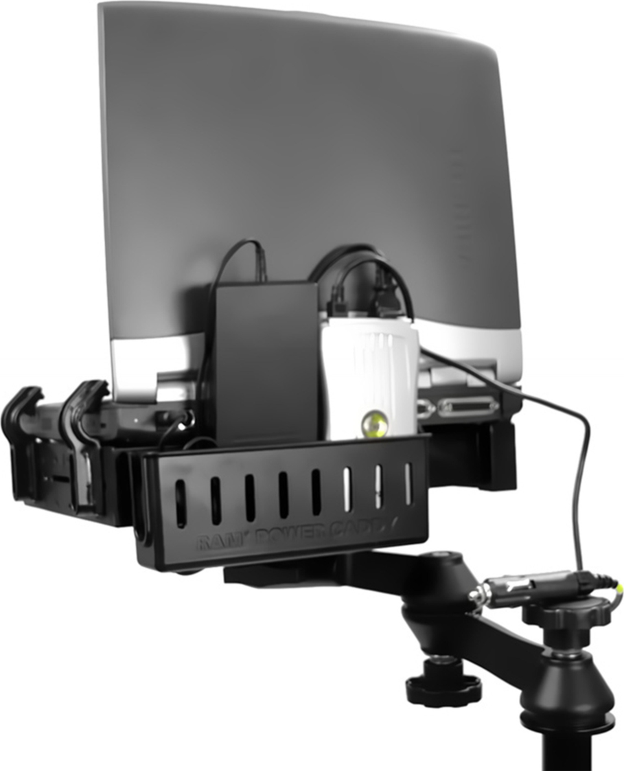 Stop Suffering from dangling accessory cords and keep your space clear with the RAM Mounts Power Caddy™ accessory holder, built for the RAM® Tough-Tray™.