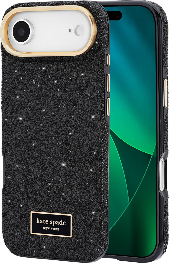 The kate spade new york Crystal Pavé Case is a stylish phone case featuring a black crystal pavé inlay with gold hardware, provides 12-foot drop protection and offers MagSafe compatibility.