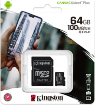 Kingston’s Canvas Select Plus 64GB microSD is compatible with Android devices and designed with A1-rated performance.