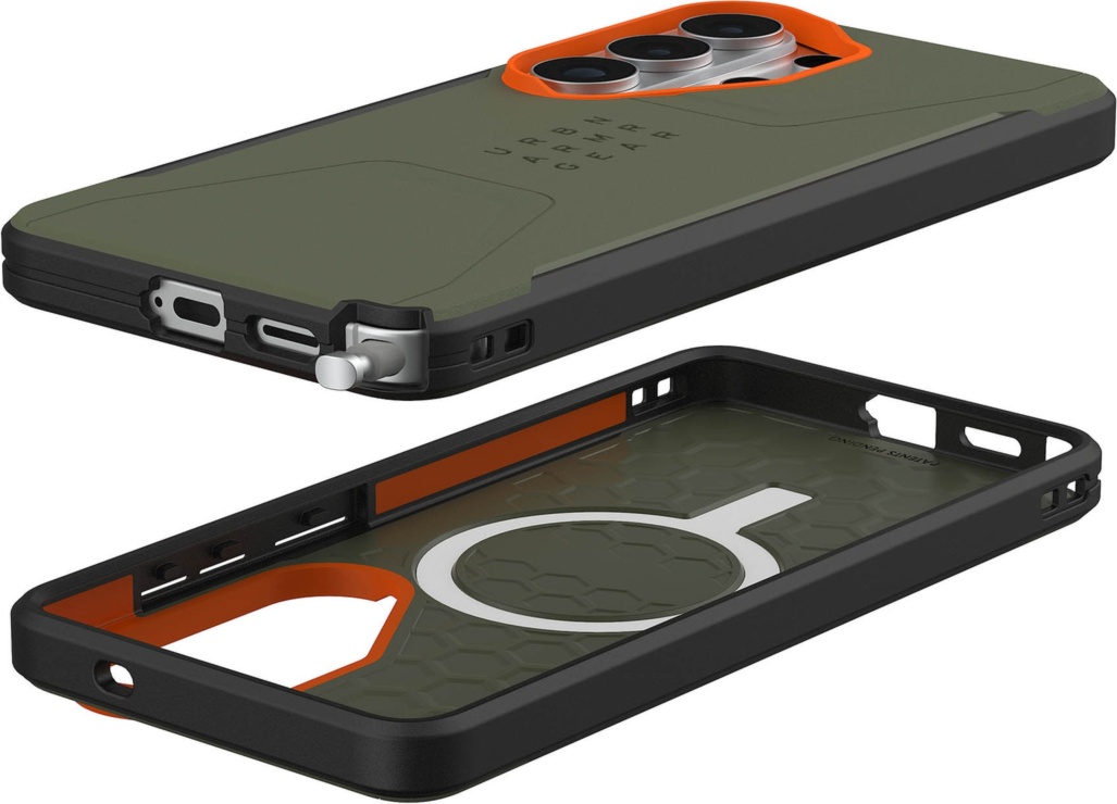The UAG Civilian case is modern and rugged, featuring shock-absorbing construction in a lightweight design with a built-in magnetic module.