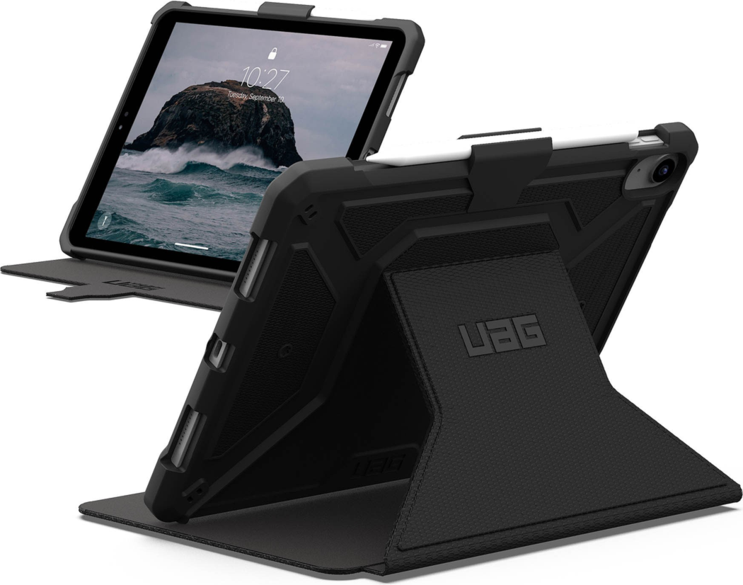 UAG Metropolis Tact.Armr is a rugged folio case with drop protection, adjustable stand functionality, magnetic closure, and premium tactile grip.