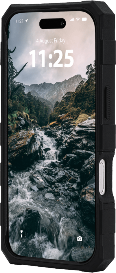 The Pelican Shield MagSafe Case offers 24-foot drop protection, featuring a dual-layer defense, carbon fiber, a textured grip, a versatile belt clip/stand, and MagSafe charging compatibility.