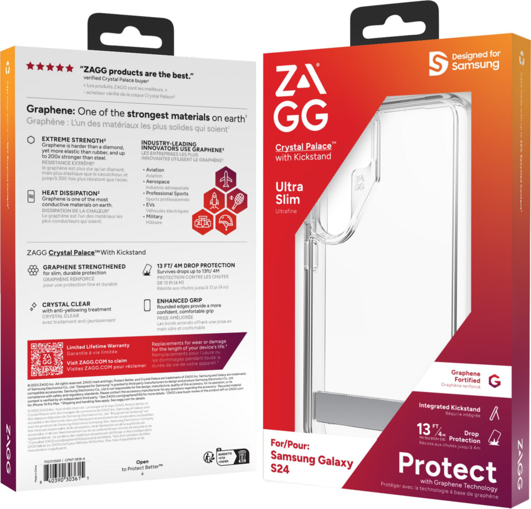 <p>Strengthened with Graphene, ZAGG's Crystal Palace Snap series case with kickstand combines an ultra-slim, crystal-clear profile with up to 13 ft of drop protection.</p>