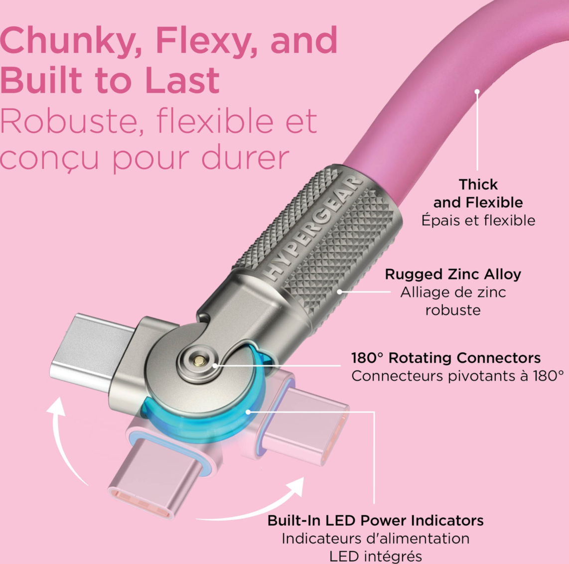 The HyperGear Chunky180° 12ft USB-C to USB-C cable is 20X stronger than standard cables, provides fast charging performance and features dual 180° rotating tips which reduce strain on ports.