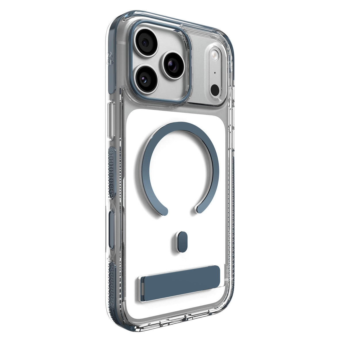 The ZAGG Santa Cruz Snap is a transparent case with pops of color that accent its design. It offers 13-foot drop protection, a sturdy kickstand that folds flush with the case, and is MagSafe compatible.