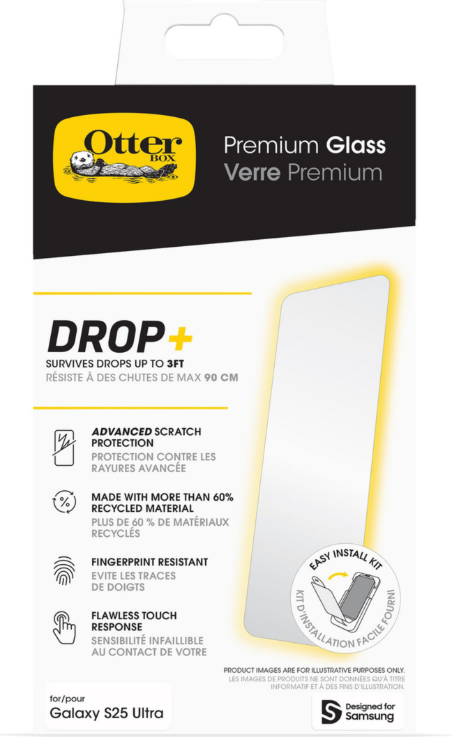 The ultra-thin and crystal-clear OtterBox Premium Glass Screen Protector is shatter and drop resistant for up to 3ft.