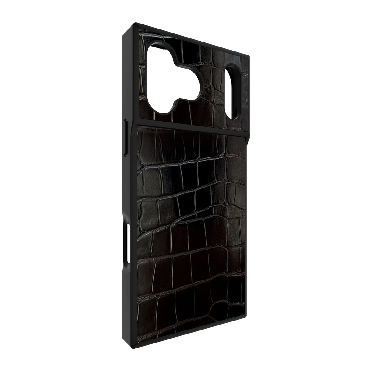 The FLAUNT SQUARE® Faux Leather case offers sleek, chic protection with a patent-pending square design and cushioned corners for enhanced shock absorption, featuring 12ft drop test protection.
