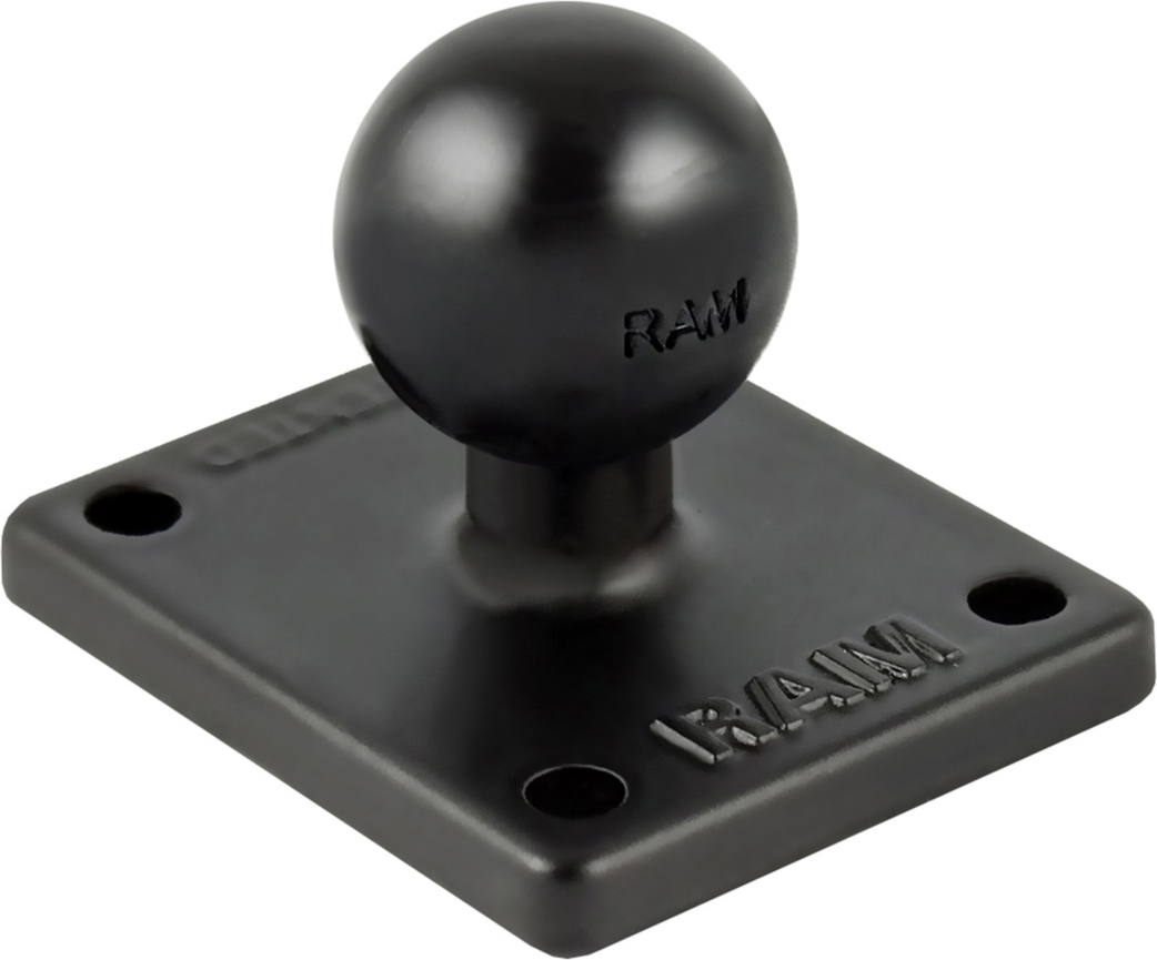 The RAM-B-347U base consists of a B size 1" diameter rubber ball connected to a 2" x 1.7" square base. The base has four pre-drilled holes at each corner, using the universal AMPS hole pattern.
