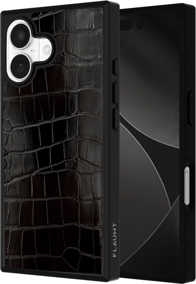 The FLAUNT SQUARE® Faux Leather case offers sleek, chic protection with a patent-pending square design and cushioned corners for enhanced shock absorption, featuring 12ft drop test protection.
