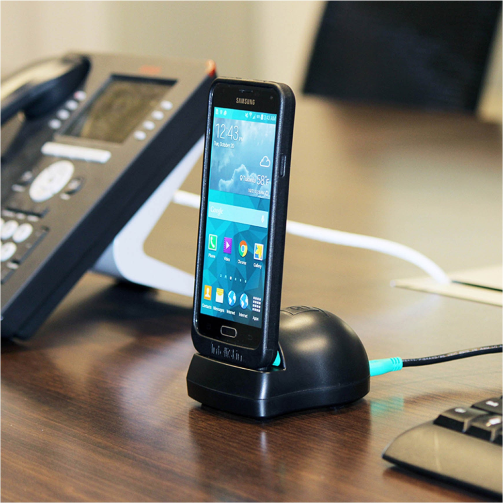 The single Desktop Dock is a low-profile docking station for phones and small tablets equipped with an IntelliSkin® protective case.