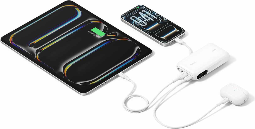 Belkin - Batterie externe Ultracharge 10 000 mAh 45 W avec écran et câble intégré, blanche