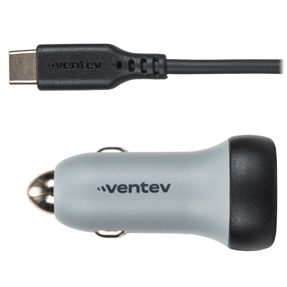 Ventev - Chargeur de voiture USB-A 12 W avec câble USB-C 15 W intégré - Gris foncé