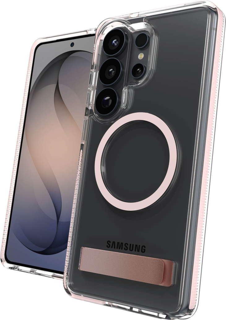 The ZAGG Santa Cruz Snap is a transparent case with pops of color that accent its design. It offers 13-foot drop protection, a sturdy kickstand that folds flush with the case.